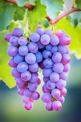 Clusters of plump, purplish-pink grapes hanging from vine