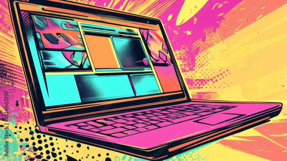 Aufkleber digital drawing of a laptop screen with a social media website on it. the image is in a retro pop ar