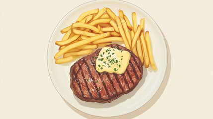 Photo of steak and fries with salted butter sauce on a white plate, top view isolated on a light background, high-resolution photography.