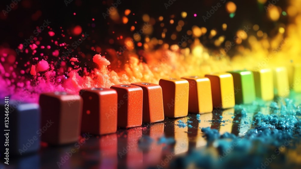 Poster dominoes lined up like a chain reaction, each one in a different color, leading up to a vibrant expl