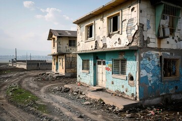 Abandoned buildings in a desolate area, showcasing cracked walls and an eerie atmosphere. Symbol of Stability and Comfort