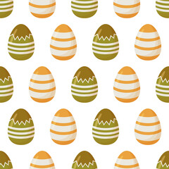 Vector seamless pattern with Easter eggs yellow and green colors on white background. Spring colorful design for fabrics, greeting cards, wallpaper, wrapping paper