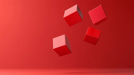 Minimalist geometric composition showcasing floating red cubes against a monochrome background. Abstract design for modern concepts. Spatial balance and form.