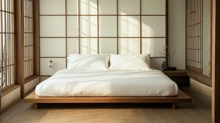A serene and minimalist bedroom with natural light and bedding