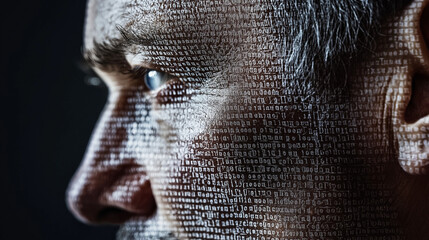 Fototapeta premium Close-up of a man's face covered in digital binary code, representing artificial intelligence and data processing.
