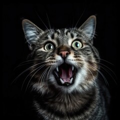 Obraz premium A Close-Up Portrait of a Cat with an Open Mouth, Exposing its Teeth and Whiskers