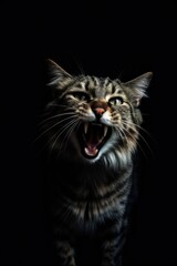 A Close-Up Portrait of a Feline with an Open Mouth, Exposing Sharp Teeth