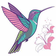 Obraz premium A whimsical illustration of a hummingbird, captured mid flight near delicate hibiscus flowers