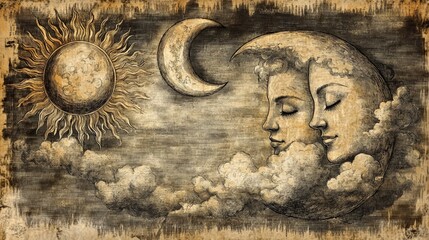Engraving of sun, moon and clouds with faces. This is a drawing that looks like it was scratched into a board.  