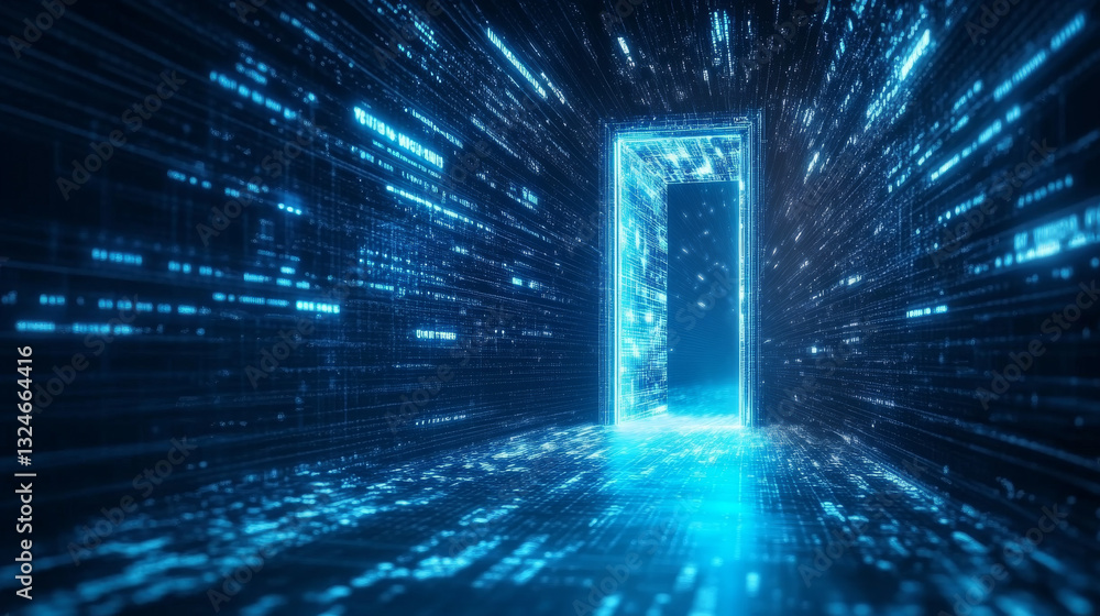 Poster futuristic door in cyber space. digital data center is portal in virtual metaverse. abstract path to