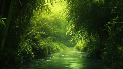 Fototapeta premium Lush bamboo forest reflected in clear flowing water creating a peaceful scene