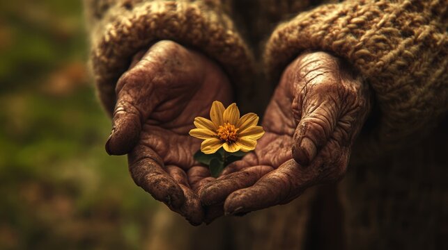 A closeup of a pair of old weathered hands gently holding a small flower in a warm and caring gesture