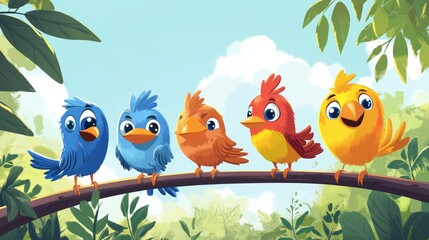 Obraz premium Fun and educational cartoon vector illustration featuring different types of colorful birds. 