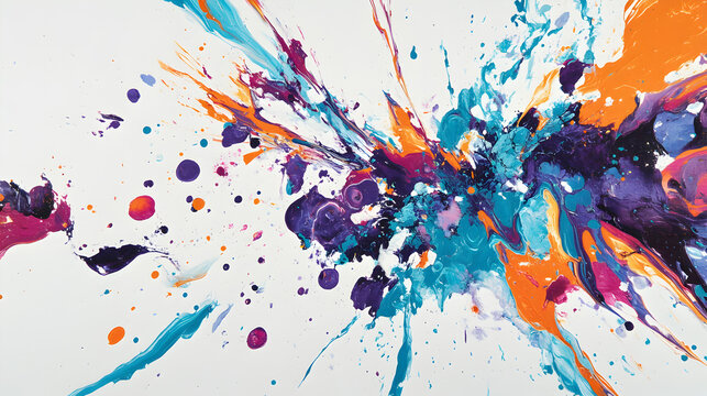 of bold colors, including turquoise, purple, and orange, splattering across a clean white canvas in an unpredictable pattern 