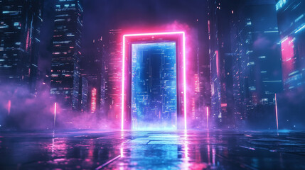 Science fiction door in parallel worlds. Door in tunnel with digital data center light signals. Future cyber gate in cyberspace or metaverse. Fantasy cyber portal or doorway in future virtual city.