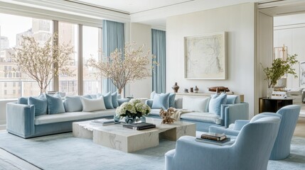 A Luxurious Living Room Decorated With Soft Blue Tones and Natural Elements