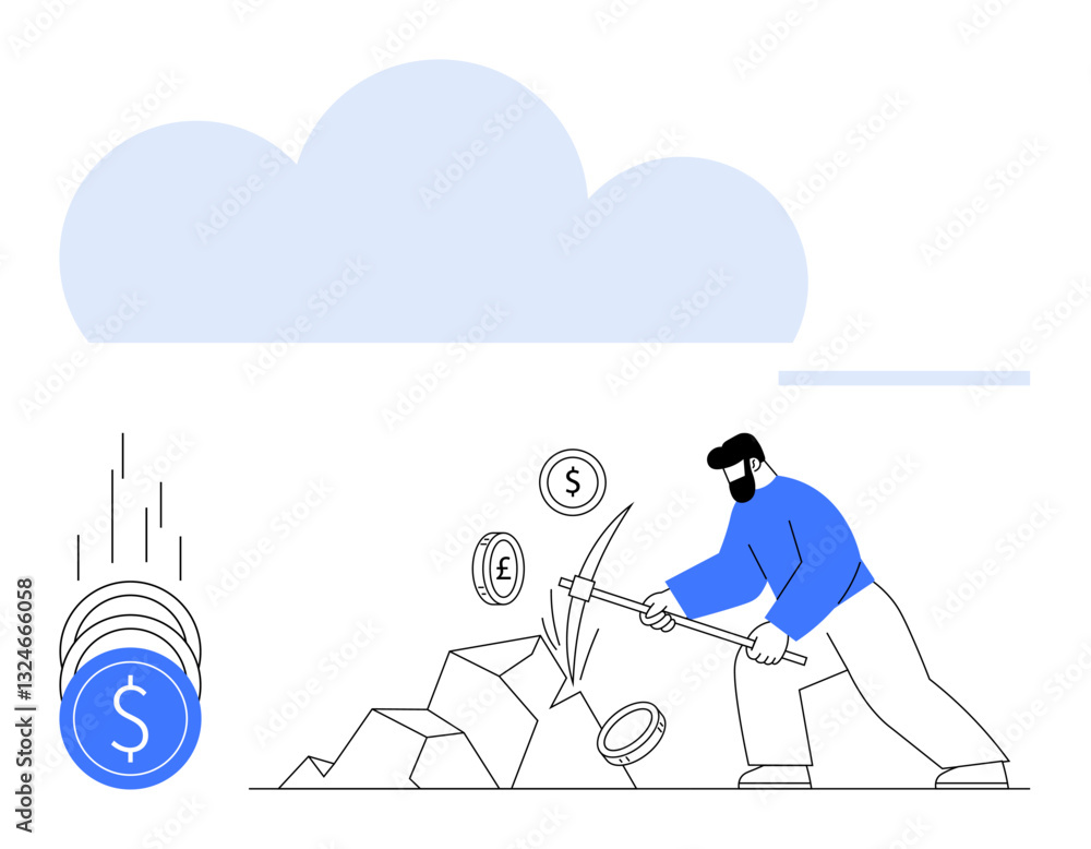 Poster man mining cryptocurrency with a pickaxe under a large cloud while various coins with currency symbo