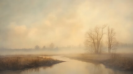 Naklejka premium A tranquil river flows through a misty and serene landscape setting