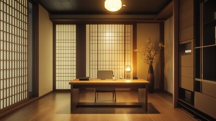 A serene office interior with japanese architectural influences displayed