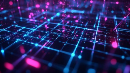 Obraz premium Captivating abstract depiction of decentralized networks with neon grids and glitch effects