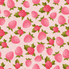 Romantic sweet background with strawberries and roses. Pattern for 14 february, valentines day, wedding, greeting cards, wallpaper, invitation. 