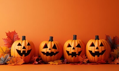 four halloween pumpkin decorations with smiling faces and fall leaves.