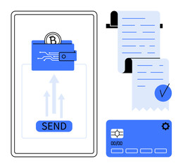 Mobile phone with digital wallet containing Bitcoin credit card, and transaction receipt. Ideal for fintech, cryptocurrency, mobile payments, online transactions, digital finance. Flat