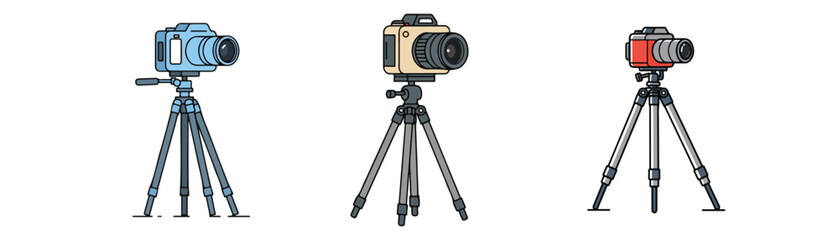Camera On Tripod vectors, A vector set displaying different types of modern and traditional camera tripods used for photography and video. Rendered in a flat design style, these illustrations.