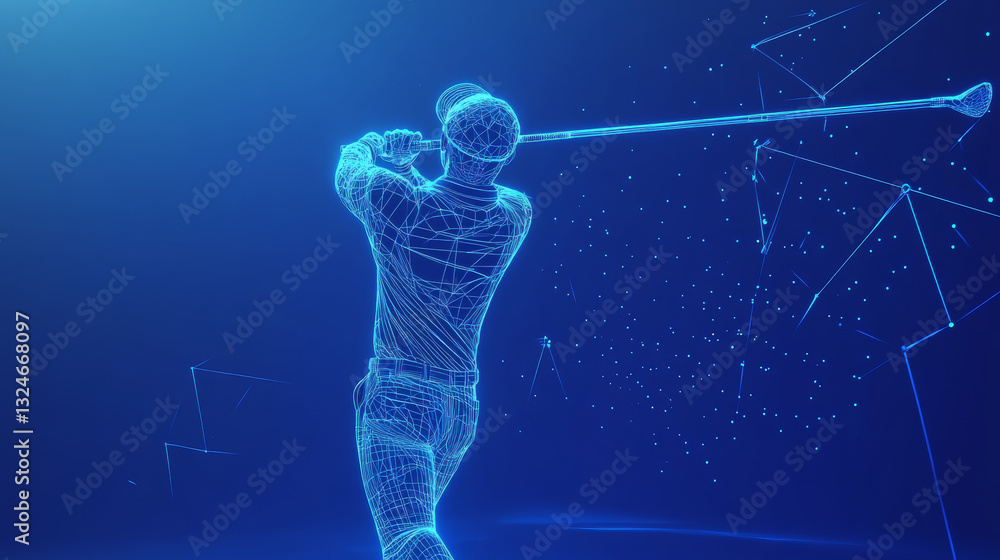 Poster golfer hits the ball in motion. polygonal golf player from futuristic shape. thin line vector abstra