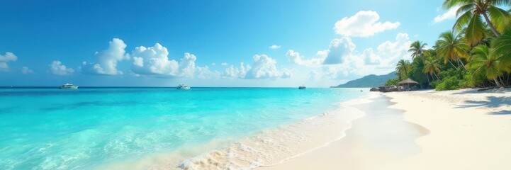 Obraz premium Azure waters meet white sand under vibrant sun , sand, summer