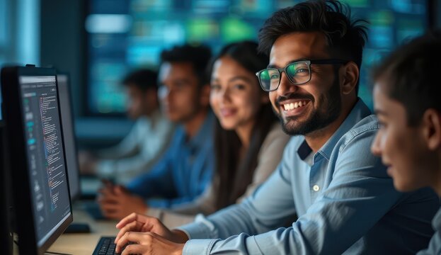 teacher helping students learn coding in computer class