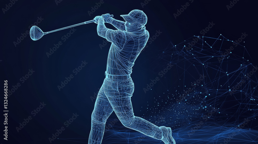 Poster golfer hits the ball in motion. polygonal golf player from futuristic shape. thin line vector abstra
