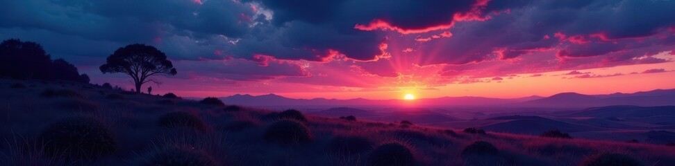 Fototapeta premium Deep twilight shadows lengthen across the plains, stars emerge , celestial, field, sky