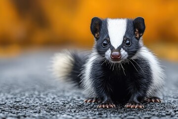 Adorable Baby Skunk On Asphalt Road Autumn Background