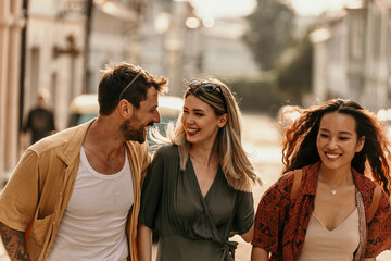 Group of stylish young travelers walking through charming urban streets