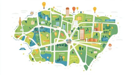 Vivid flat illustration of a detailed map highlighting key landmarks and geographic features