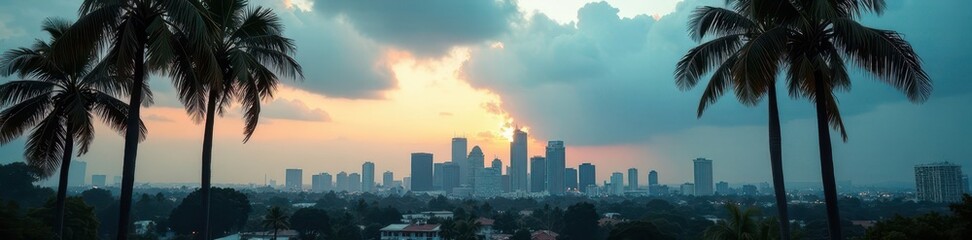Dramatic LA skyline, overcast sky, palm trees framing , image, travel, view