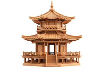 Exquisite wooden pagoda model showcasing intricate Asian architectural elements in warm tones isolated on transparent background