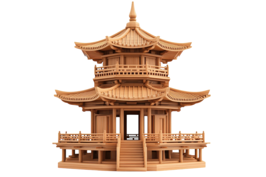 Exquisite wooden pagoda model showcasing intricate Asian architectural elements in warm tones isolated on transparent background