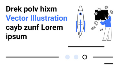 Rocket symbolizing growth, person holding wallet with coins, abstract lines. Ideal for businesses, startups, finance, technology, success, investment, marketing Landing page