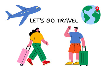 Travel illustration. Happy travelers with luggage, airplane, and globe. Vacation, trip, and adventure concept. Modern flat design
