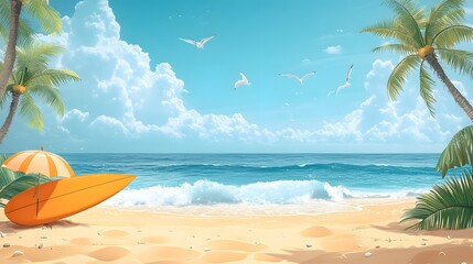 a vibrant beach scene with a surfboard, umbrella, and palm trees under a blue sky. Waves gently roll onto the sandy shore, and a few birds soar above.