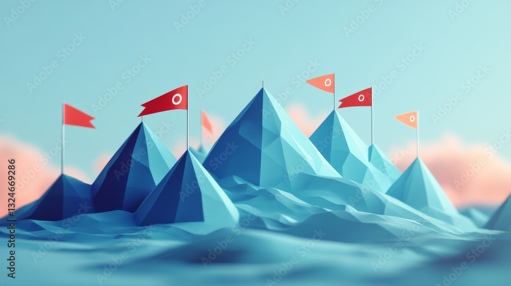 Poster abstract digital mountains range with flags in a futuristic low poly style. path to success and busi