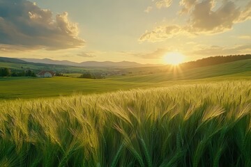 Fototapeta premium Timelapse showcases vibrant green wheat field in a German village during sunset, Time-lapse of green wheat field in German village at sunset