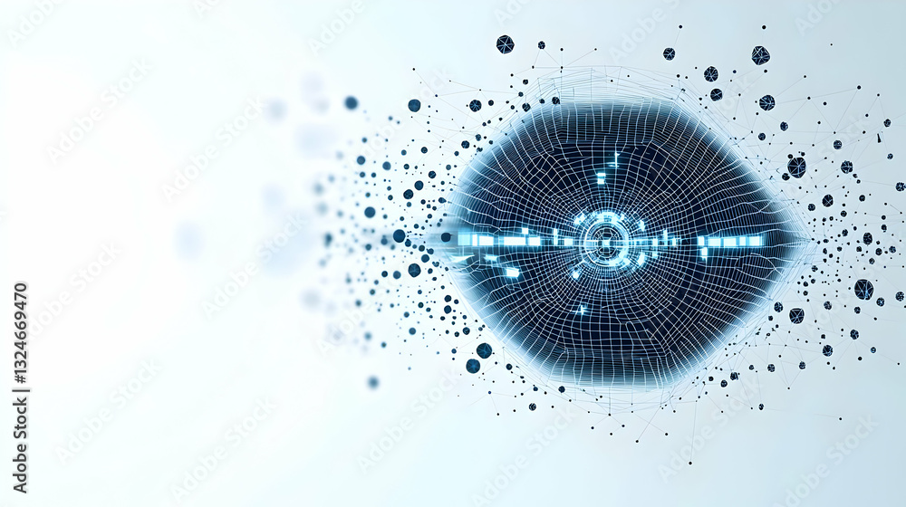 Poster abstract visualization of digital data flow with blue particles and light streaks on white backgroun