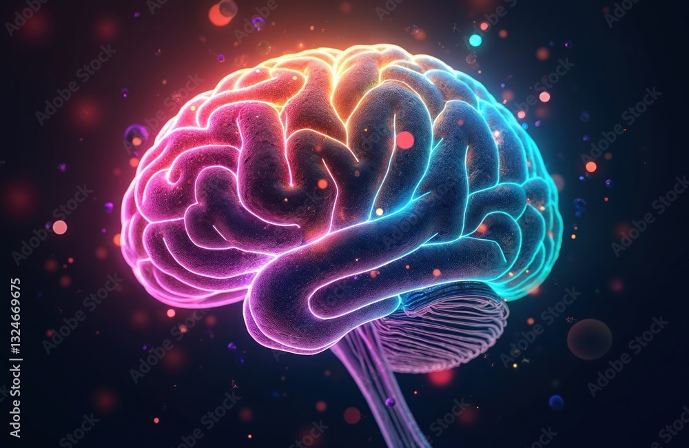 Poster vivid digital brain representation featuring vibrant lights. ai-generated neural network, abstract t