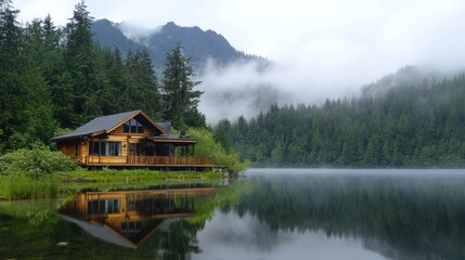 Fototapeta premium Secluded lakeside cabin amidst misty mountains and evergreen forests