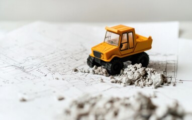 Yellow Toy Truck on Architectural Blueprints with Sand