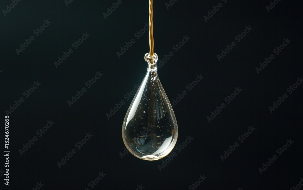 Poster single teardrop of clear liquid hanging from string against dark background