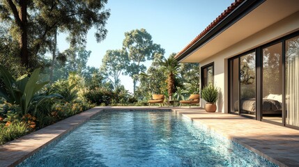 Fototapeta premium Tranquil Poolside Villa in Lush Garden Setting